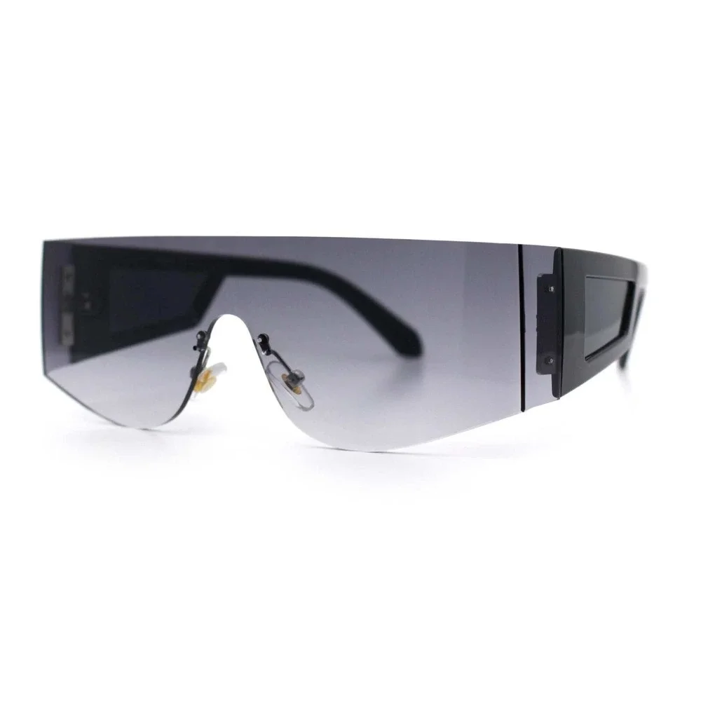 Mens Futuristic Rimless Shield Sunglasses Black Smoke Gradient‎ Cyberpunk Visor